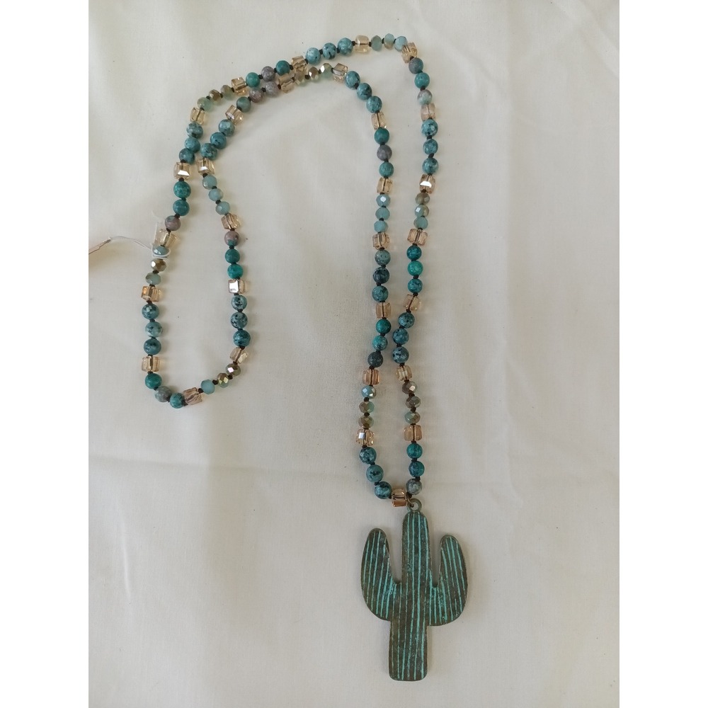 Wild & Free Cactus Pendant Beaded Necklace Turquoise Bronze Boho Southwestern - Picture 7 of 9
